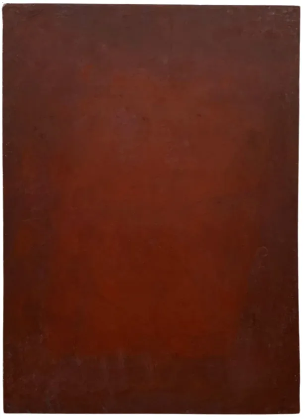 Bernward Heinze: Übermalung Venetianischrot I, 78 x 56 cm, Ölfarbe auf Aquarellpapier