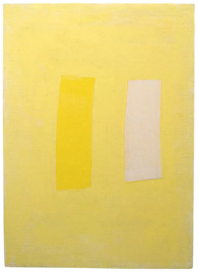 Bernward Heinze: Dreiklang in Gelb, 83 x 60 cm, Collage / Ölfarbe auf Papier