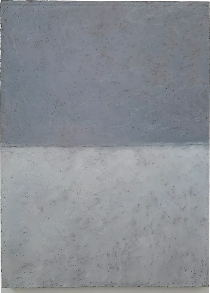 Bernward Heinze: Übermalung / Grautöne auf Venetianischrot, 2022, 76 x 55 cm, Ölpastell auf Aquarellpapier