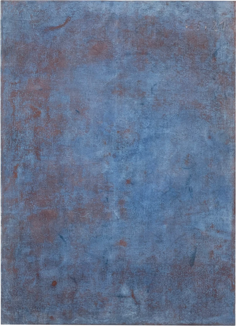 Bernward Heinze: Blau auf Venetianischrot, 77 x 56 cm, Ölpastell auf Aquarellpapier