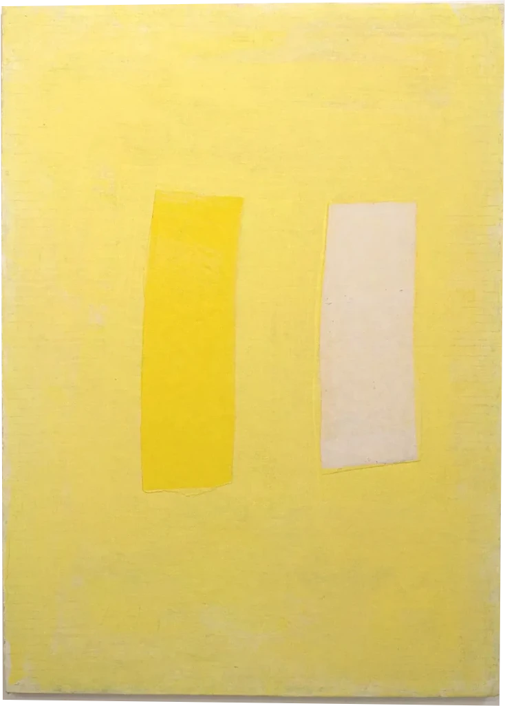 Bernward Heinze: Dreiklang in Gelb, 83 x 60 cm, Collage / Ölfarbe auf Papier